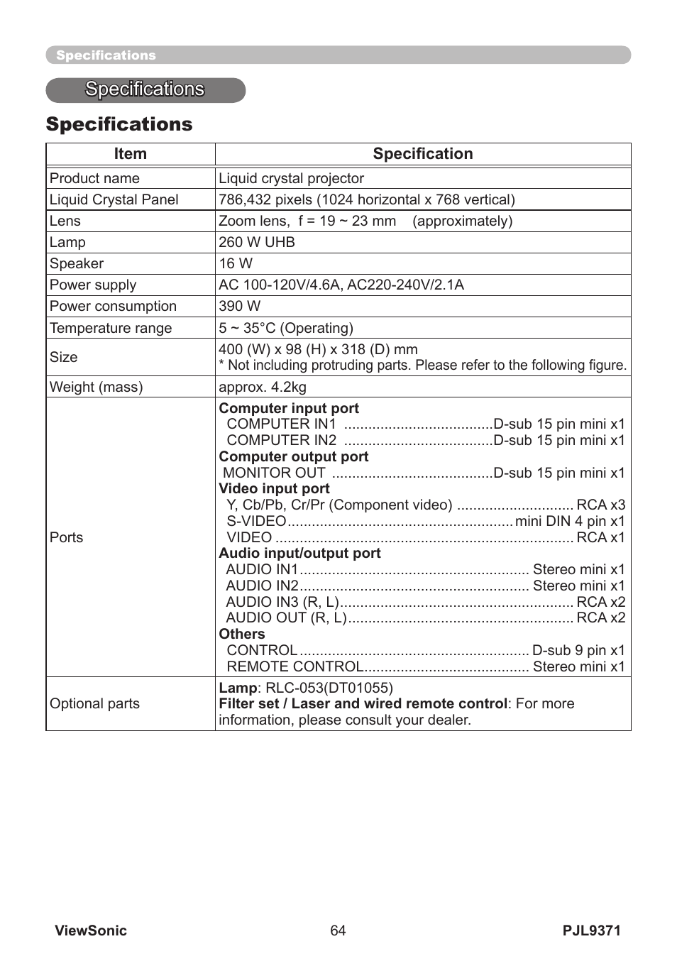 Specifications | VIEWSONIC XGA LCD PROJECTOR pjl9371 User Manual | Page 69 / 89