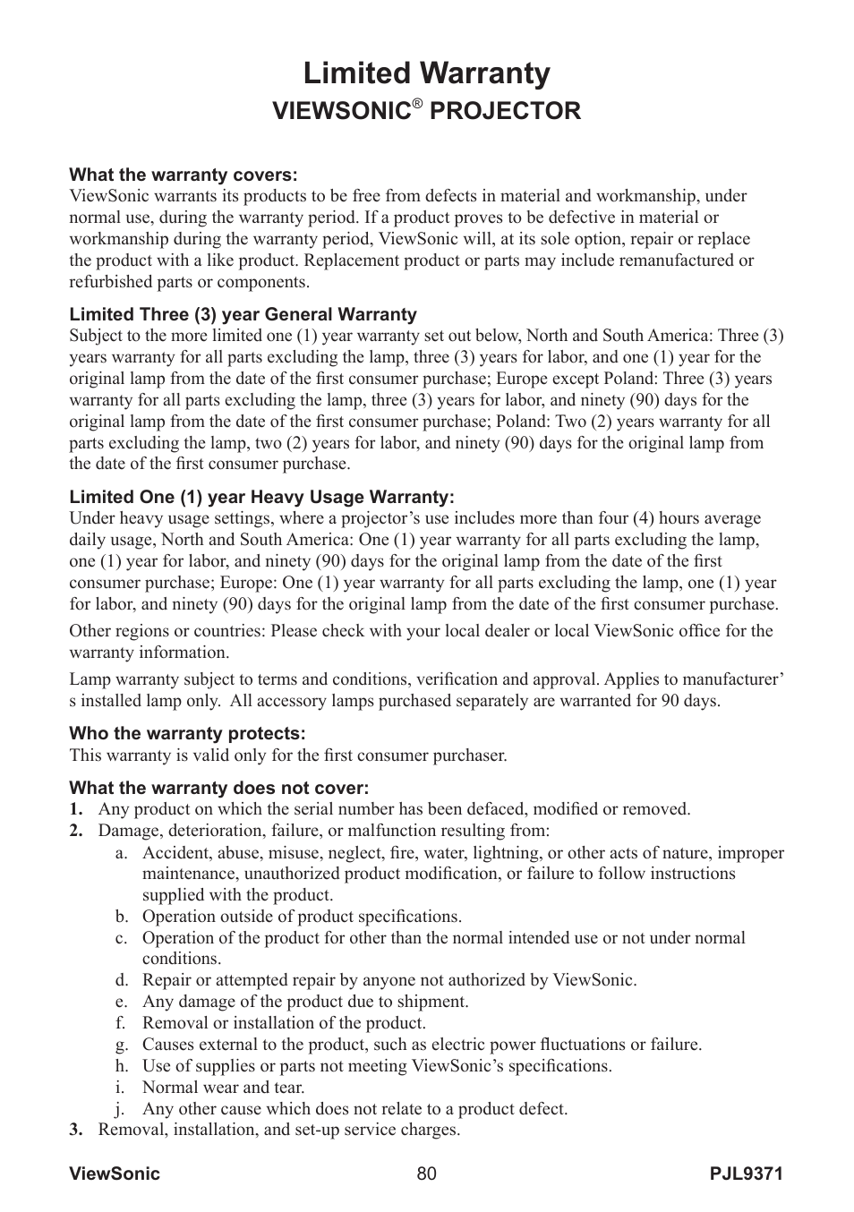 Limited warranty, Viewsonic, Projector | VIEWSONIC XGA LCD PROJECTOR pjl9371 User Manual | Page 85 / 89