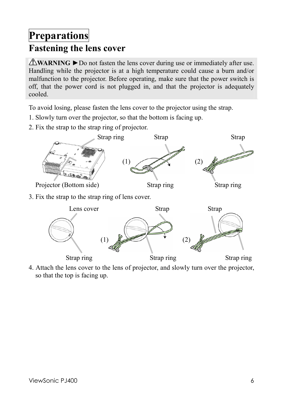 Preparations, Fastening the lens cover | VIEWSONIC PJ400 User Manual | Page 10 / 60