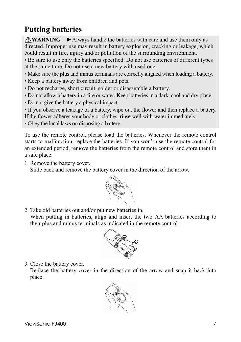 Putting batteries | VIEWSONIC PJ400 User Manual | Page 11 / 60
