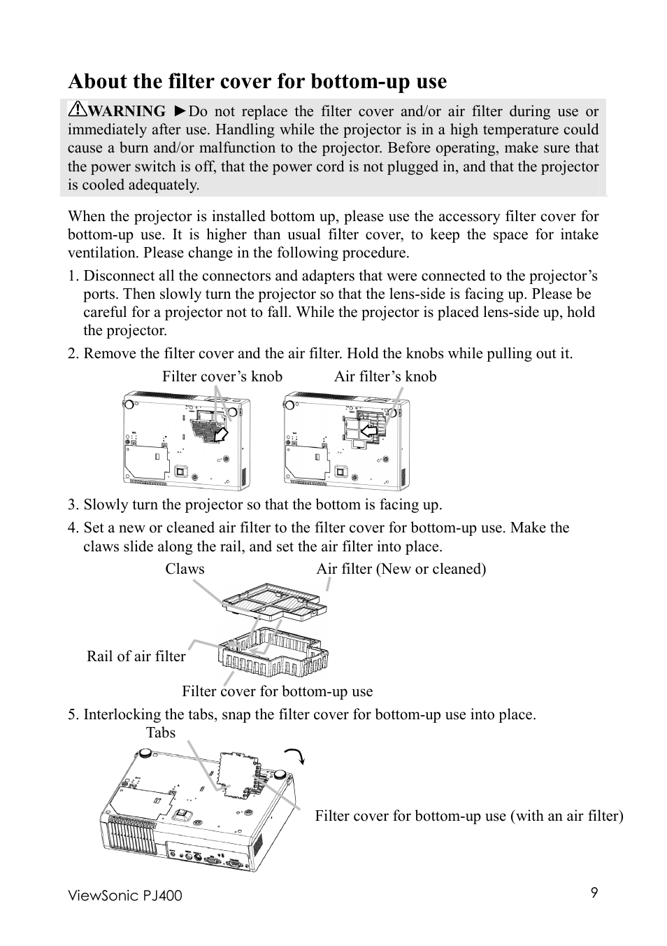 About the filter cover for bottom-up use | VIEWSONIC PJ400 User Manual | Page 13 / 60