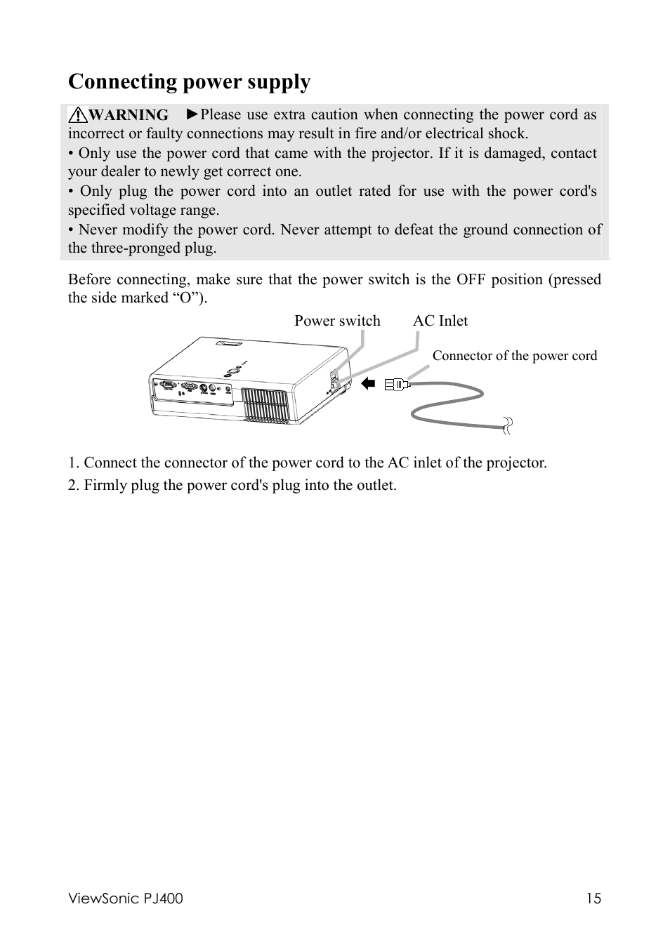 Connecting power supply | VIEWSONIC PJ400 User Manual | Page 19 / 60