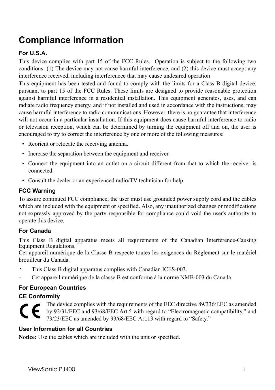 Compliance information | VIEWSONIC PJ400 User Manual | Page 2 / 60