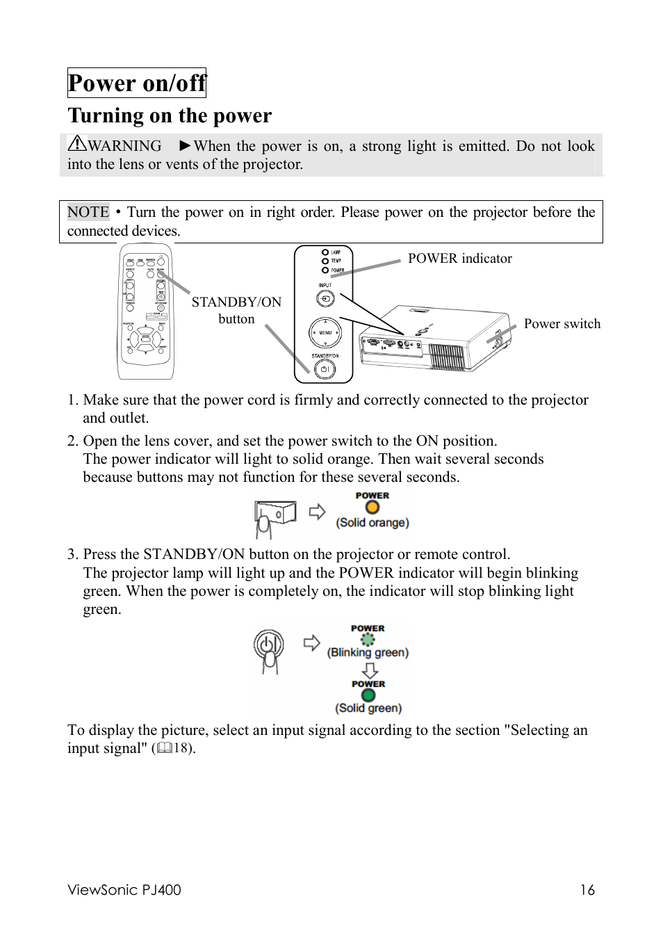 Power on/off, Turning on the power | VIEWSONIC PJ400 User Manual | Page 20 / 60