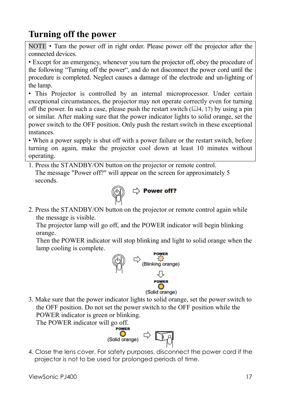 Turning off the power | VIEWSONIC PJ400 User Manual | Page 21 / 60