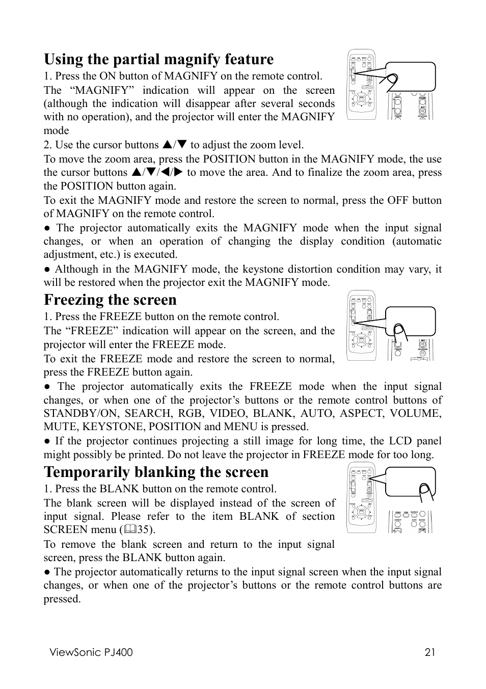 Using the partial magnify feature, Freezing the screen, Temporarily blanking the screen | VIEWSONIC PJ400 User Manual | Page 25 / 60