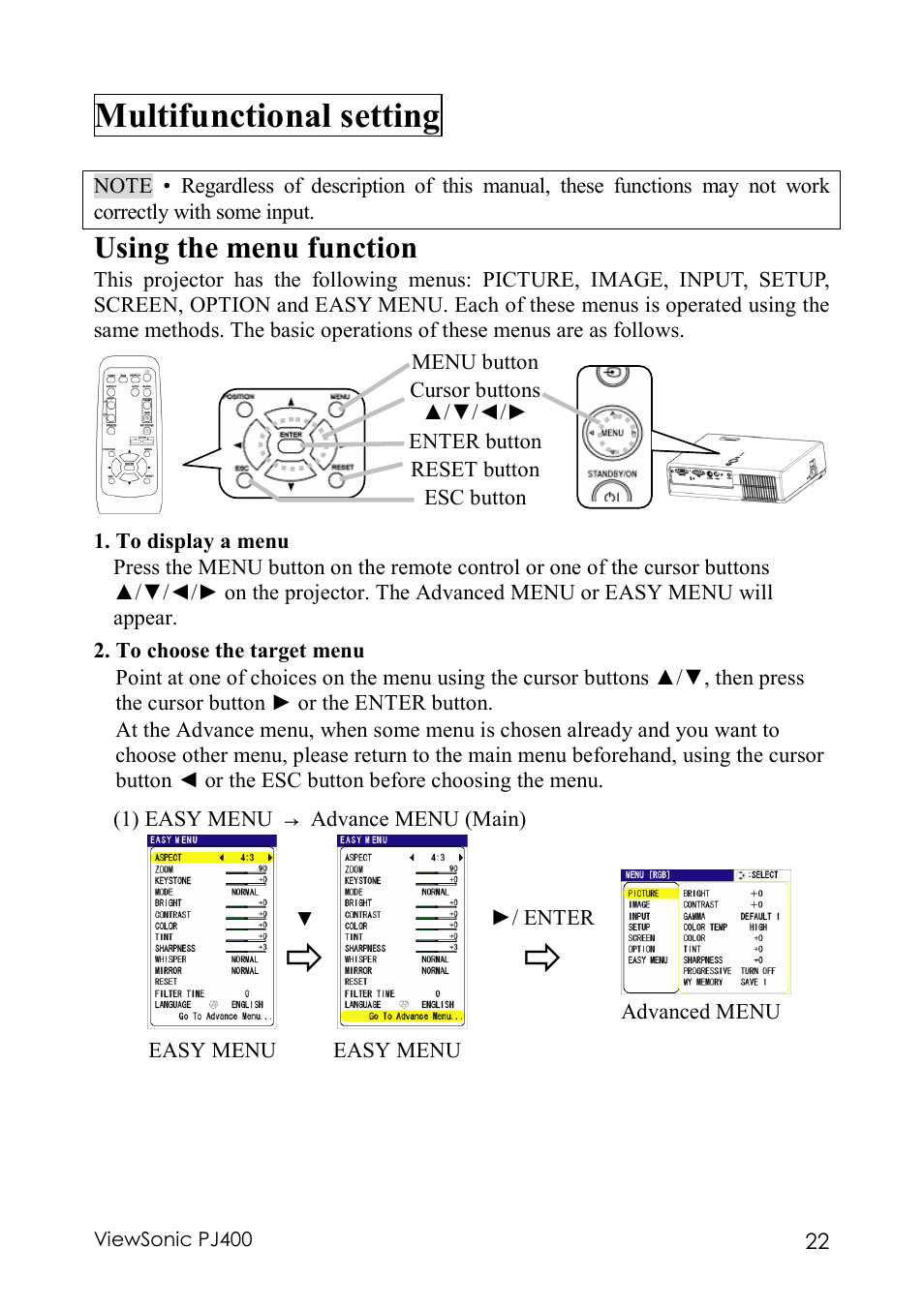 Multifunctional setting, Using the menu function | VIEWSONIC PJ400 User Manual | Page 26 / 60