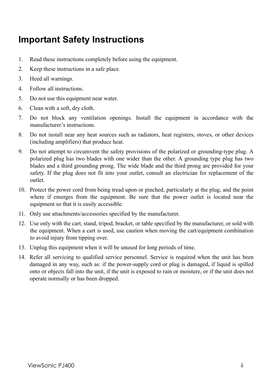 Important safety instructions | VIEWSONIC PJ400 User Manual | Page 3 / 60