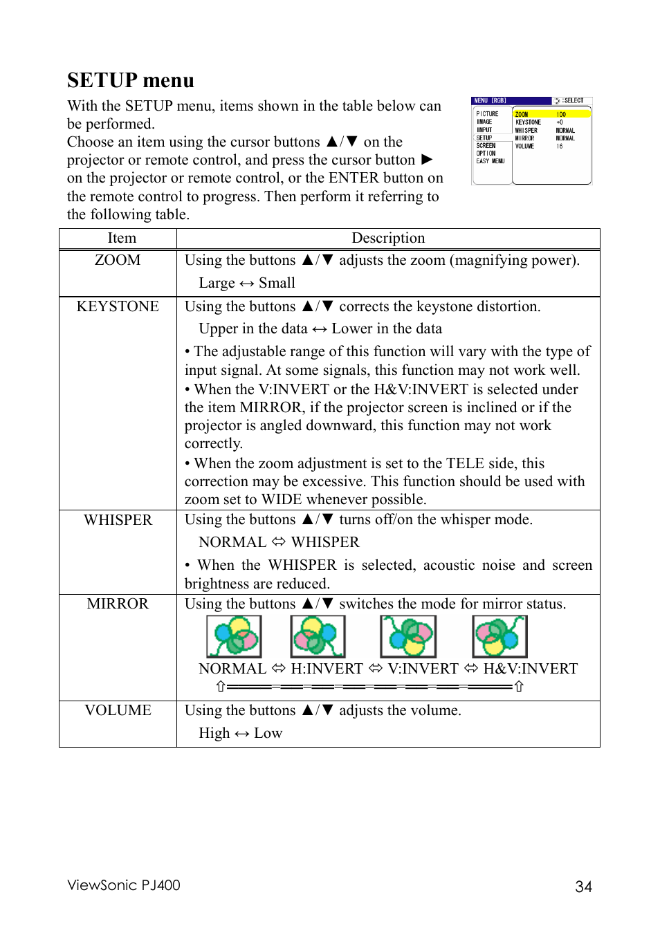 Setup menu | VIEWSONIC PJ400 User Manual | Page 38 / 60