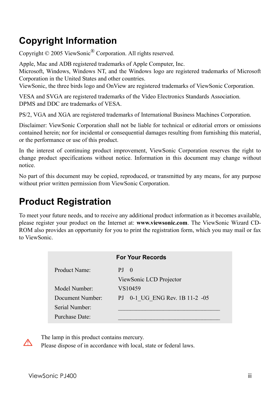 Copyright information, Product registration | VIEWSONIC PJ400 User Manual | Page 4 / 60