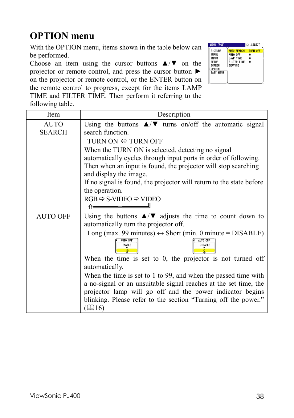 Option menu | VIEWSONIC PJ400 User Manual | Page 42 / 60