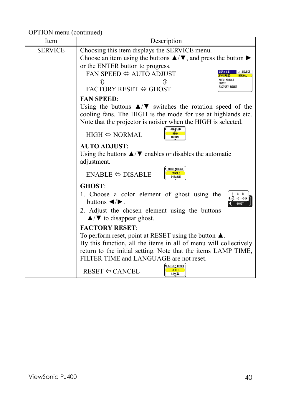 VIEWSONIC PJ400 User Manual | Page 44 / 60