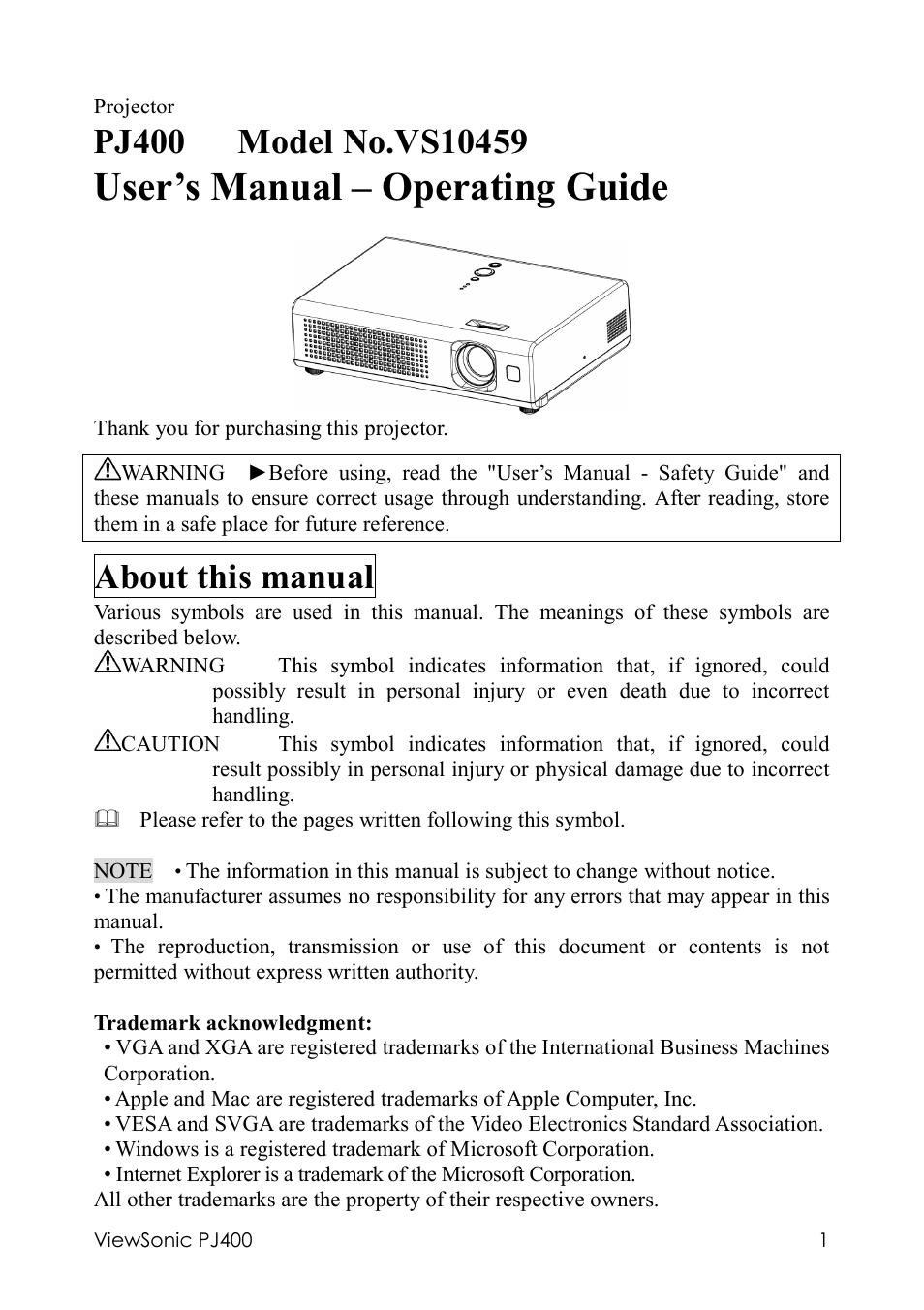 User’s manual – operating guide, About this manual | VIEWSONIC PJ400 User Manual | Page 5 / 60