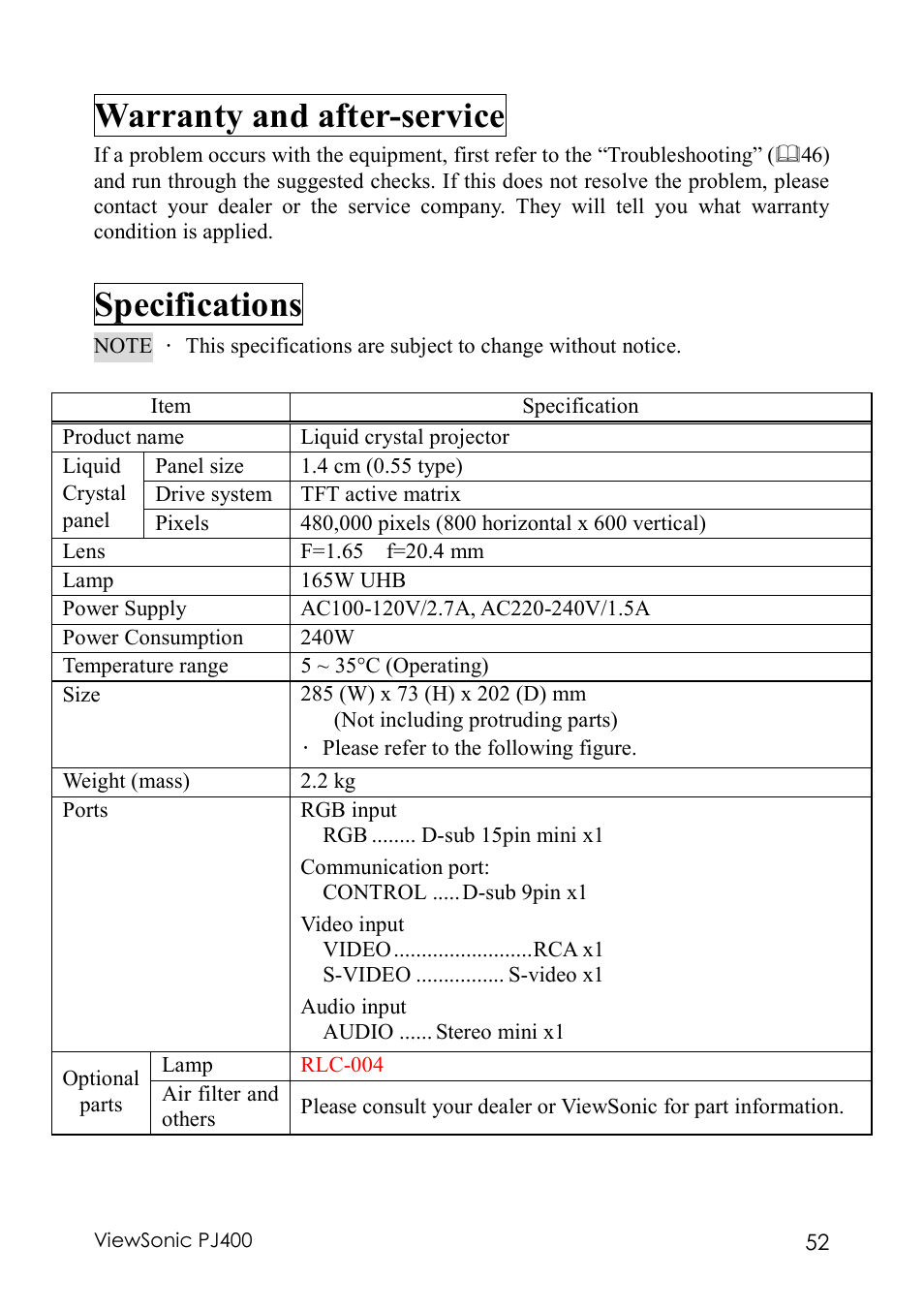 Warranty and after-service, Specifications | VIEWSONIC PJ400 User Manual | Page 56 / 60