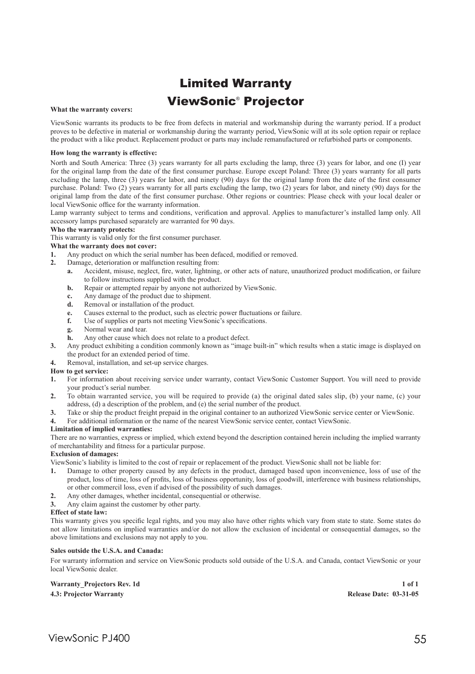 Limited warranty viewsonic, Projector, Viewsonic pj400 | VIEWSONIC PJ400 User Manual | Page 59 / 60
