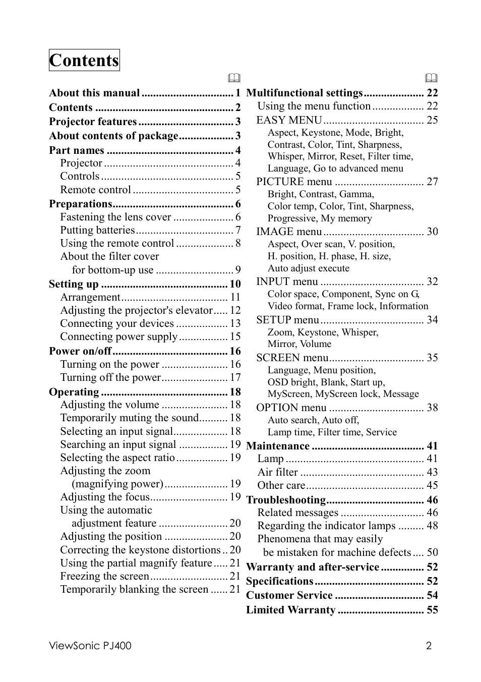 VIEWSONIC PJ400 User Manual | Page 6 / 60