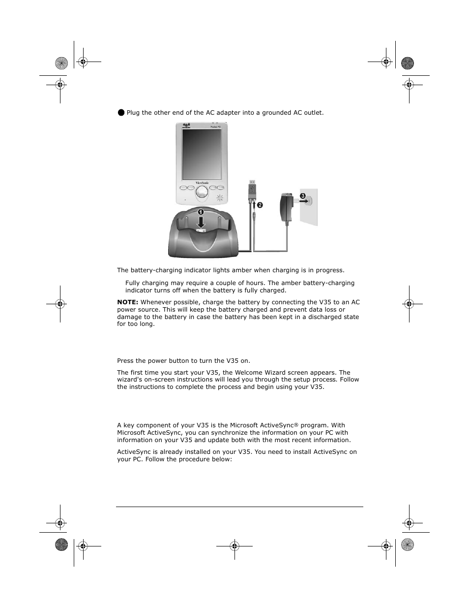Starting your v35, Installing microsoft activesync | VIEWSONIC V35 User Manual | Page 11 / 92