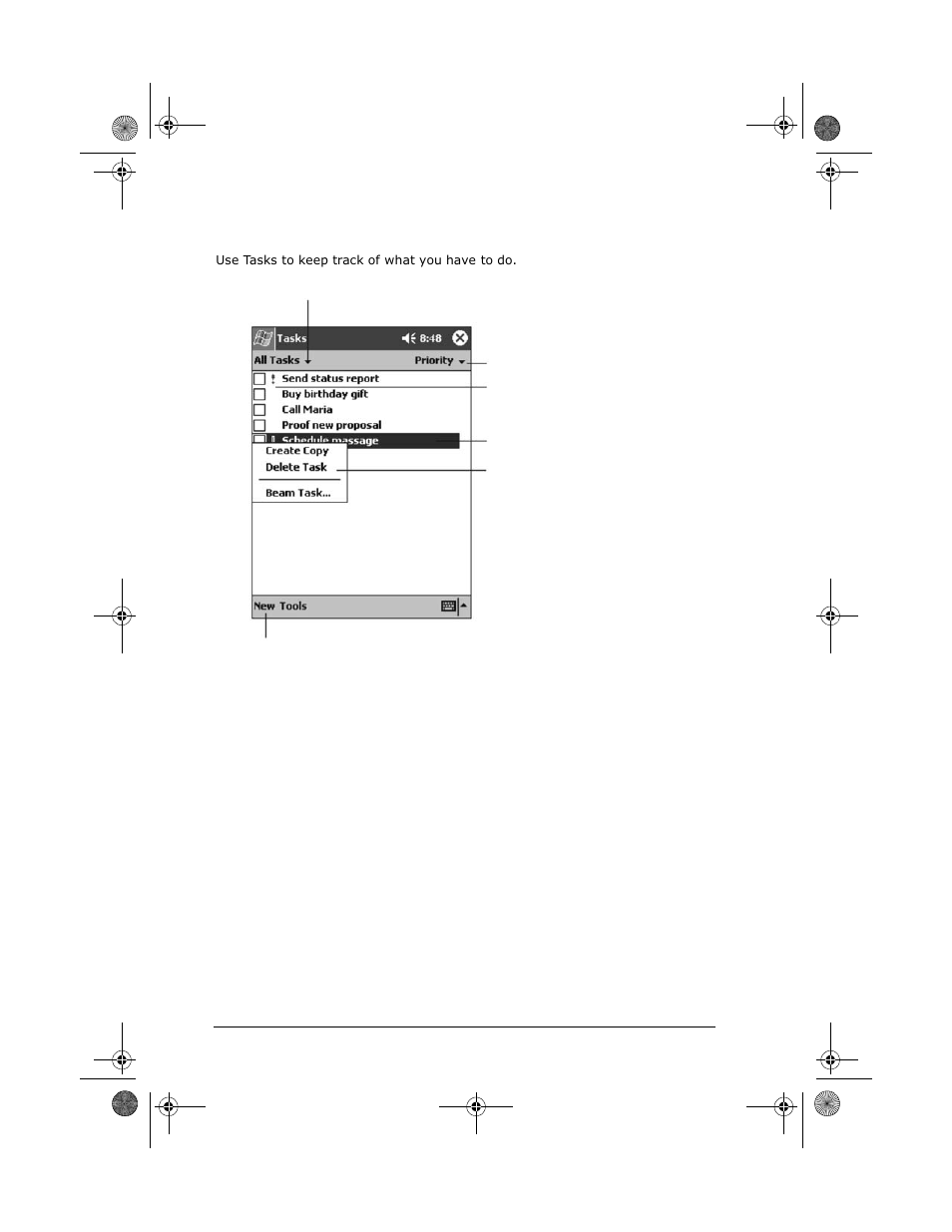 Tasks: keeping a to do list | VIEWSONIC V35 User Manual | Page 56 / 92