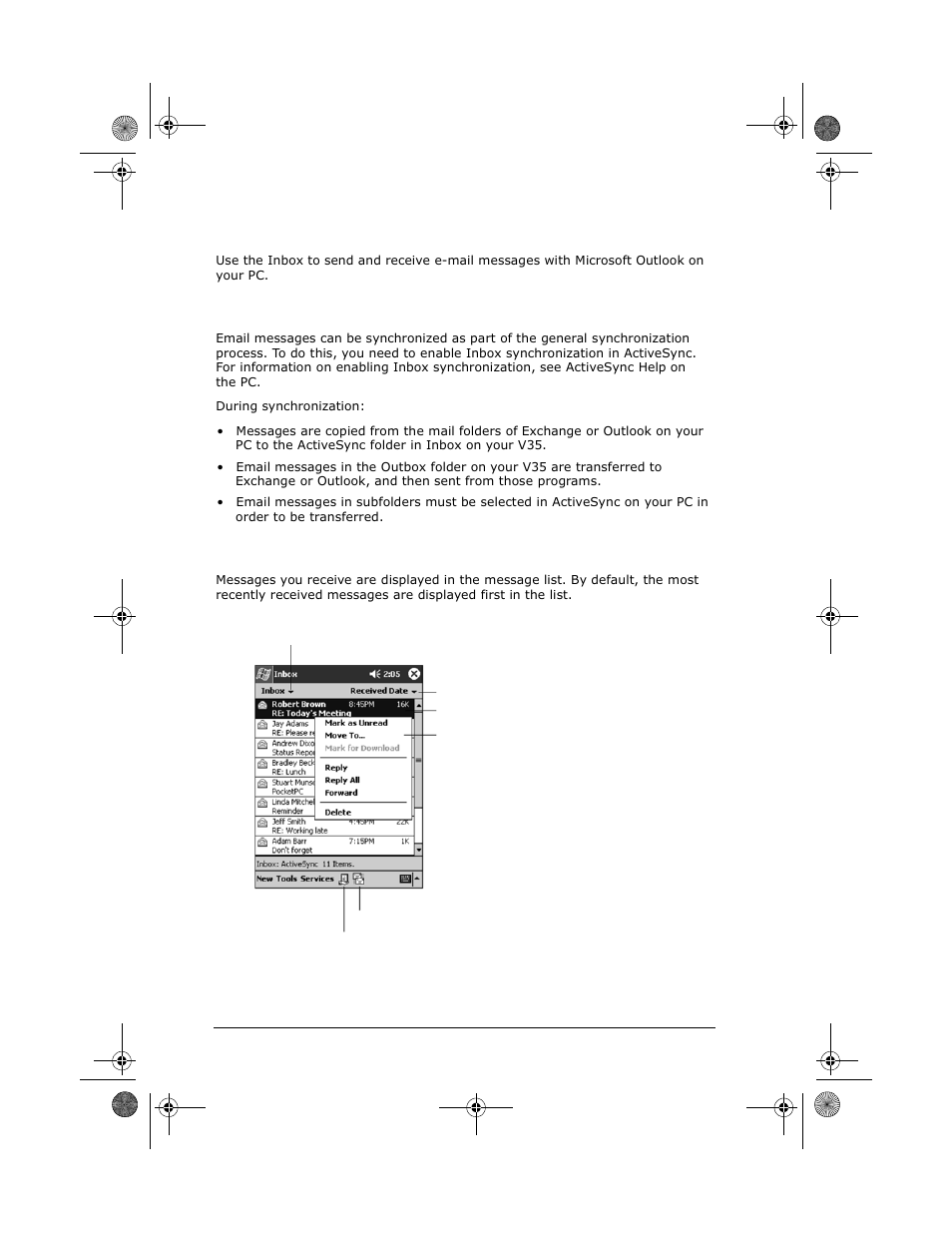 Inbox: sending and receiving email, Synchronizing email messages, Using the message list | VIEWSONIC V35 User Manual | Page 60 / 92