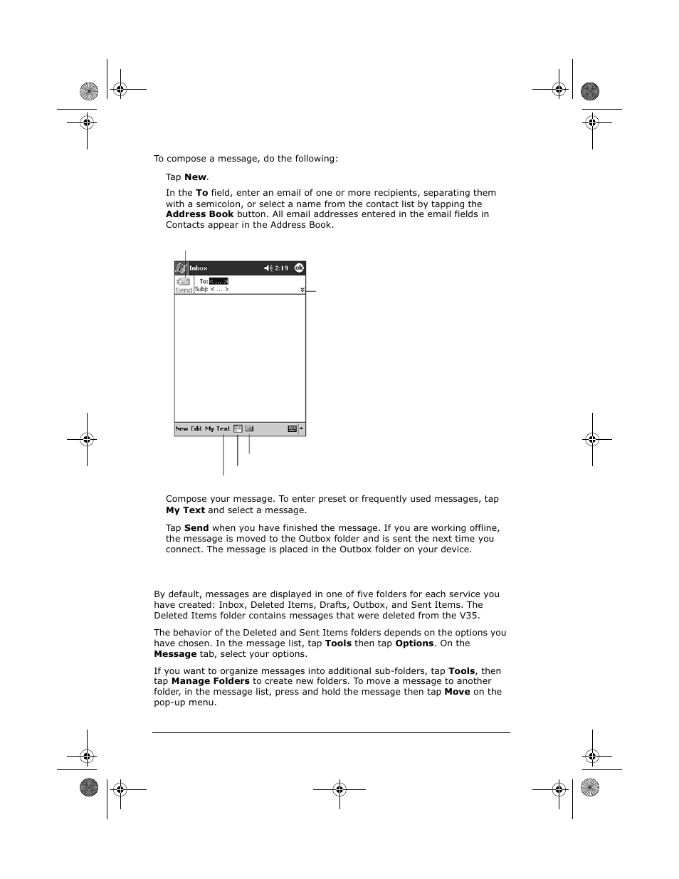 Managing email messages and folders | VIEWSONIC V35 User Manual | Page 62 / 92