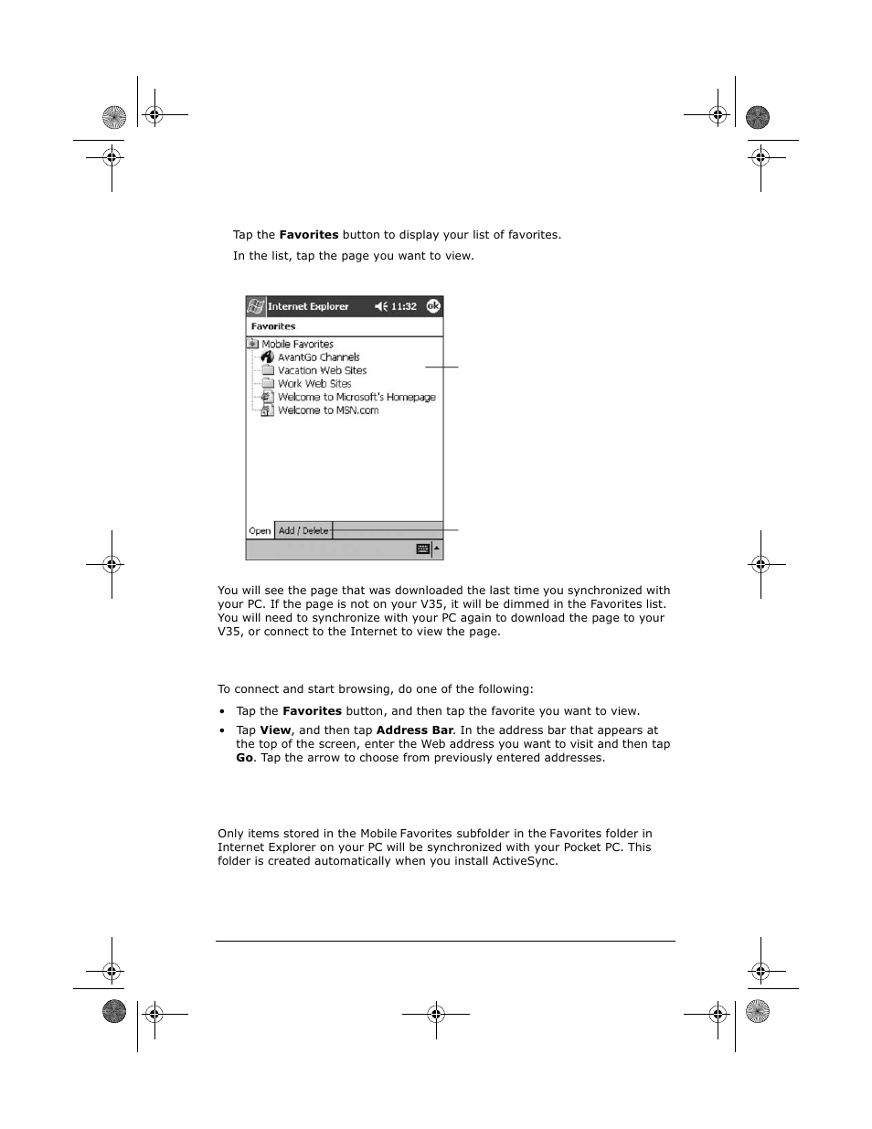 The mobile favorites folder, Viewing mobile favorites and channels, Browsing the internet | VIEWSONIC V35 User Manual | Page 73 / 92