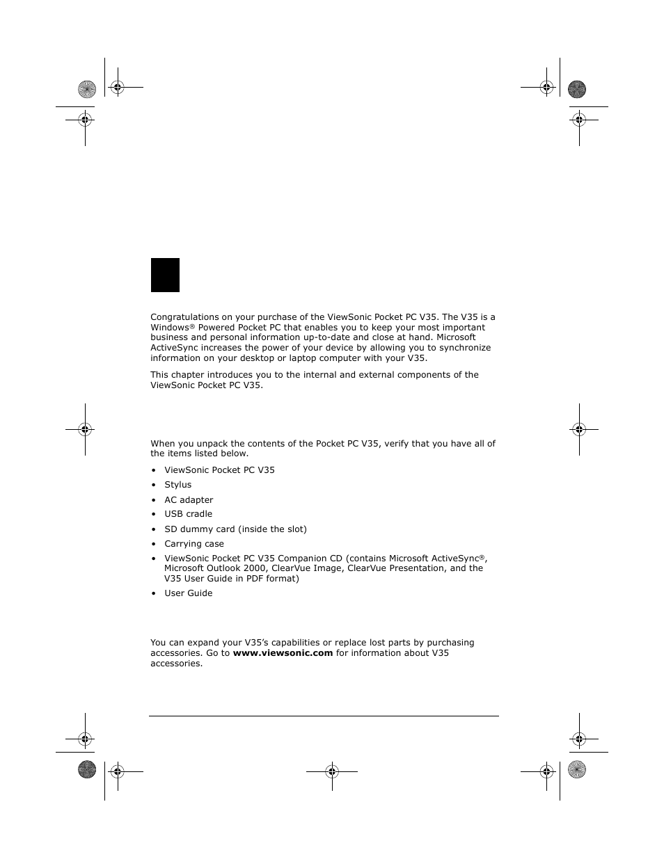 Getting started, Package contents, Accessories | 1getting started | VIEWSONIC V35 User Manual | Page 8 / 92