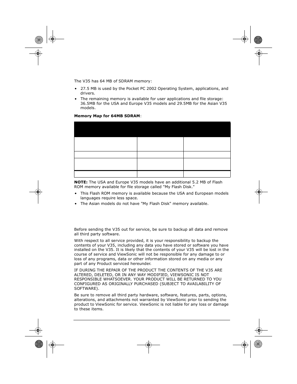 Sdram memory allocation, Data loss disclaimer | VIEWSONIC V35 User Manual | Page 91 / 92