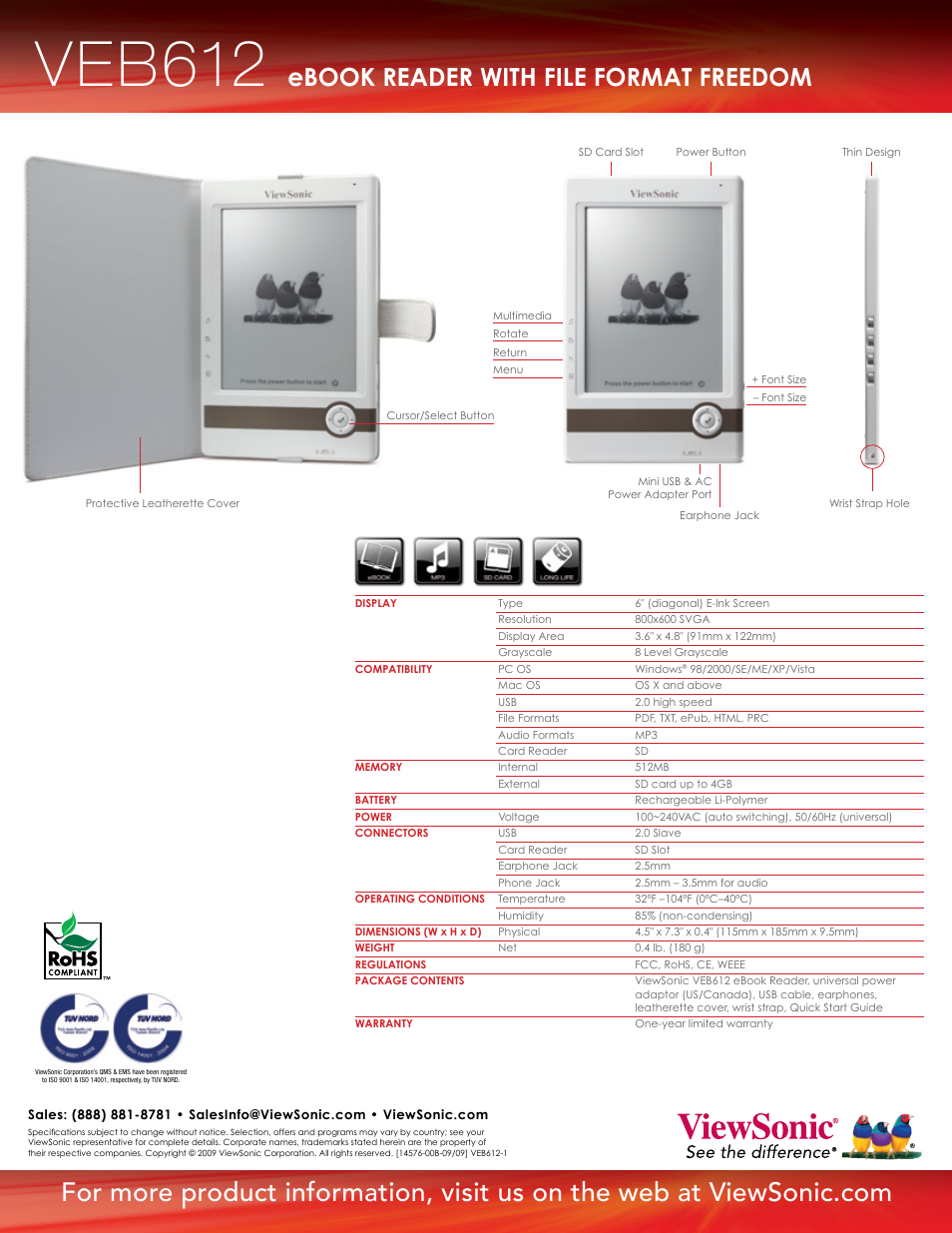 Veb612, Ebook reader with file format freedom | VIEWSONIC VEB612 User Manual | Page 2 / 2