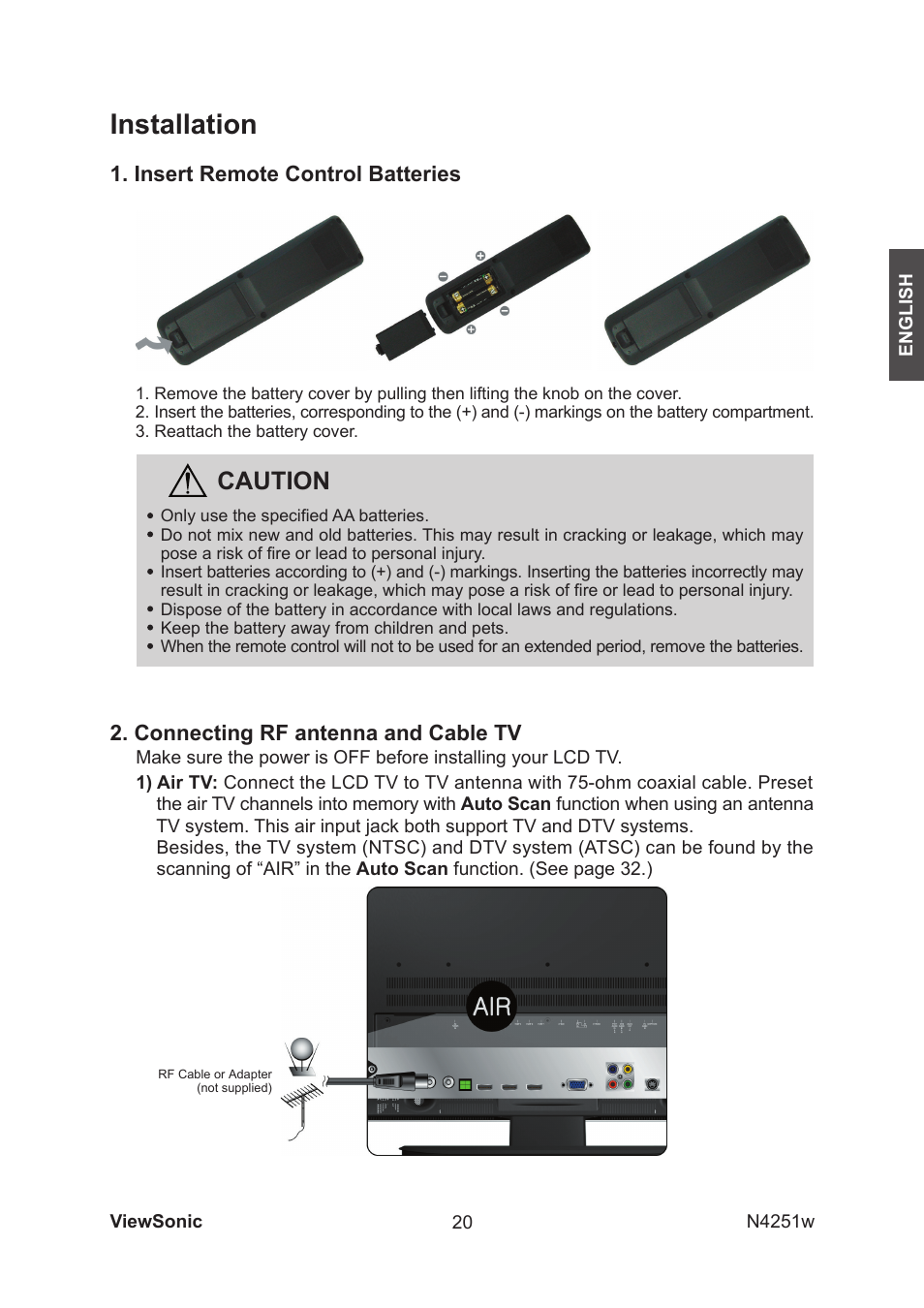 Installation, Caution, Connecting rf antenna and cable tv | Insert remote control batteries | VIEWSONIC VS11502-1M User Manual | Page 22 / 41
