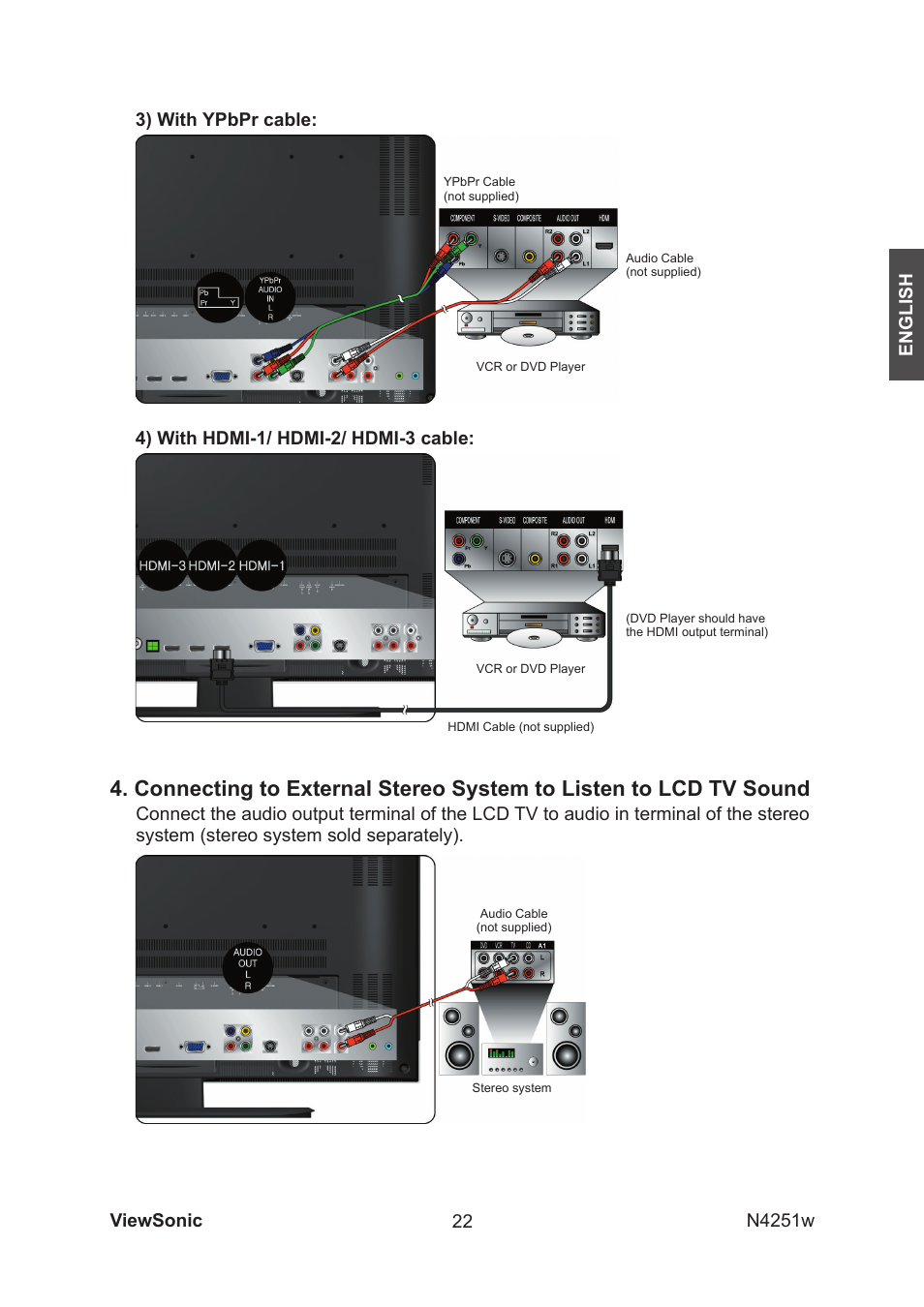 4) with hdmi-1/ hdmi-2/ hdmi-3 cable, 3) with ypbpr cable | VIEWSONIC VS11502-1M User Manual | Page 24 / 41