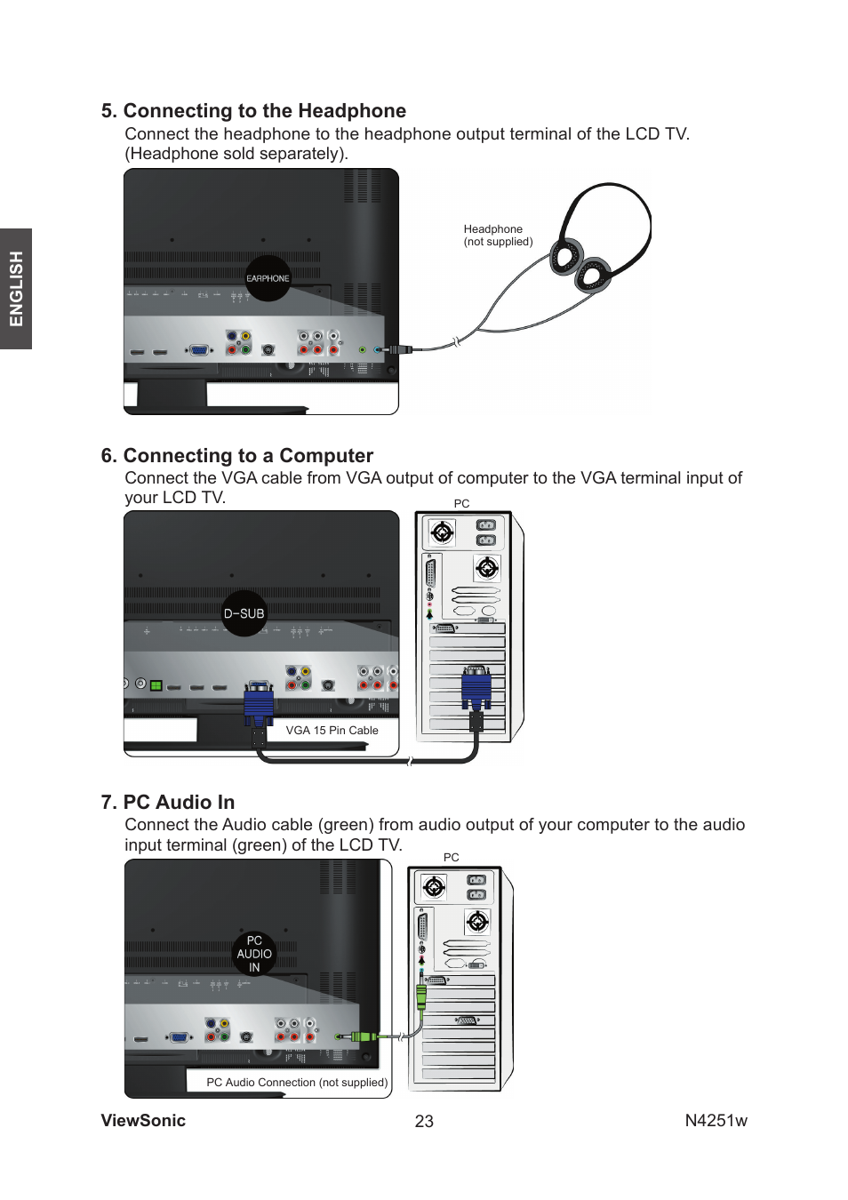 Pc audio in, Connecting to the headphone, Connecting to a computer | VIEWSONIC VS11502-1M User Manual | Page 25 / 41