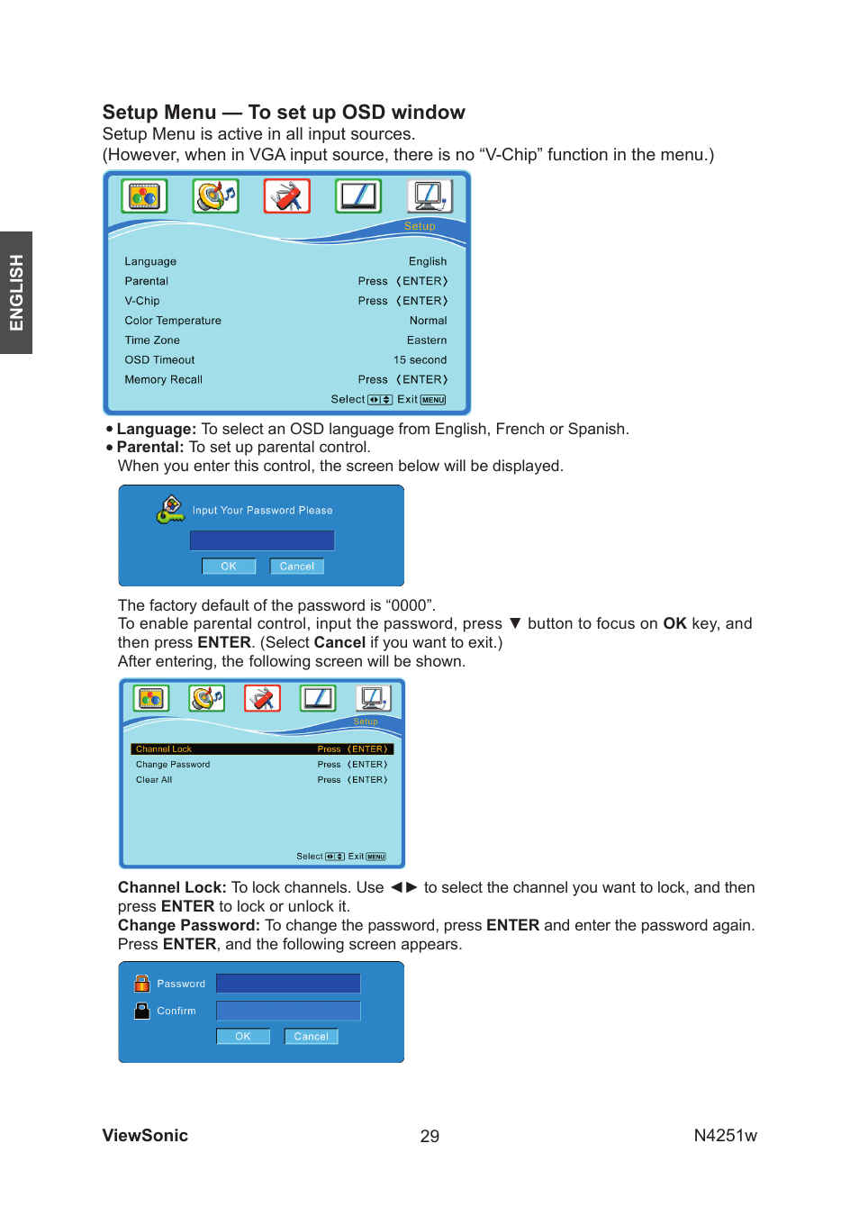 Setup menu — to set up osd window | VIEWSONIC VS11502-1M User Manual | Page 31 / 41