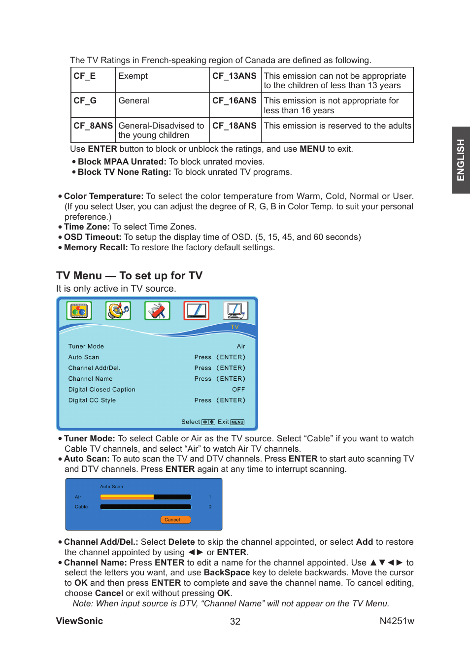 Tv menu — to set up for tv | VIEWSONIC VS11502-1M User Manual | Page 34 / 41