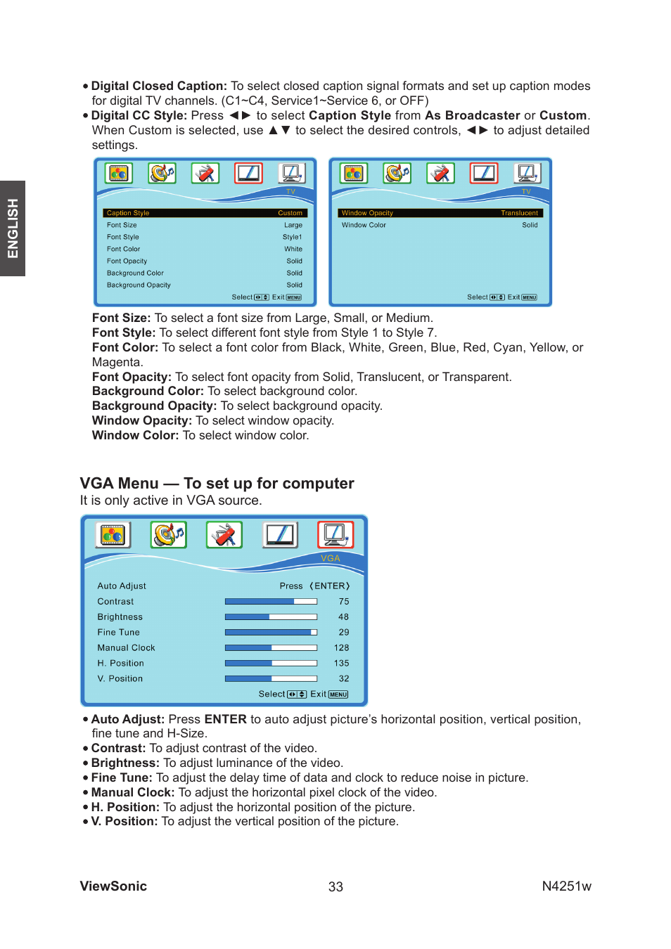 Vga menu — to set up for computer | VIEWSONIC VS11502-1M User Manual | Page 35 / 41