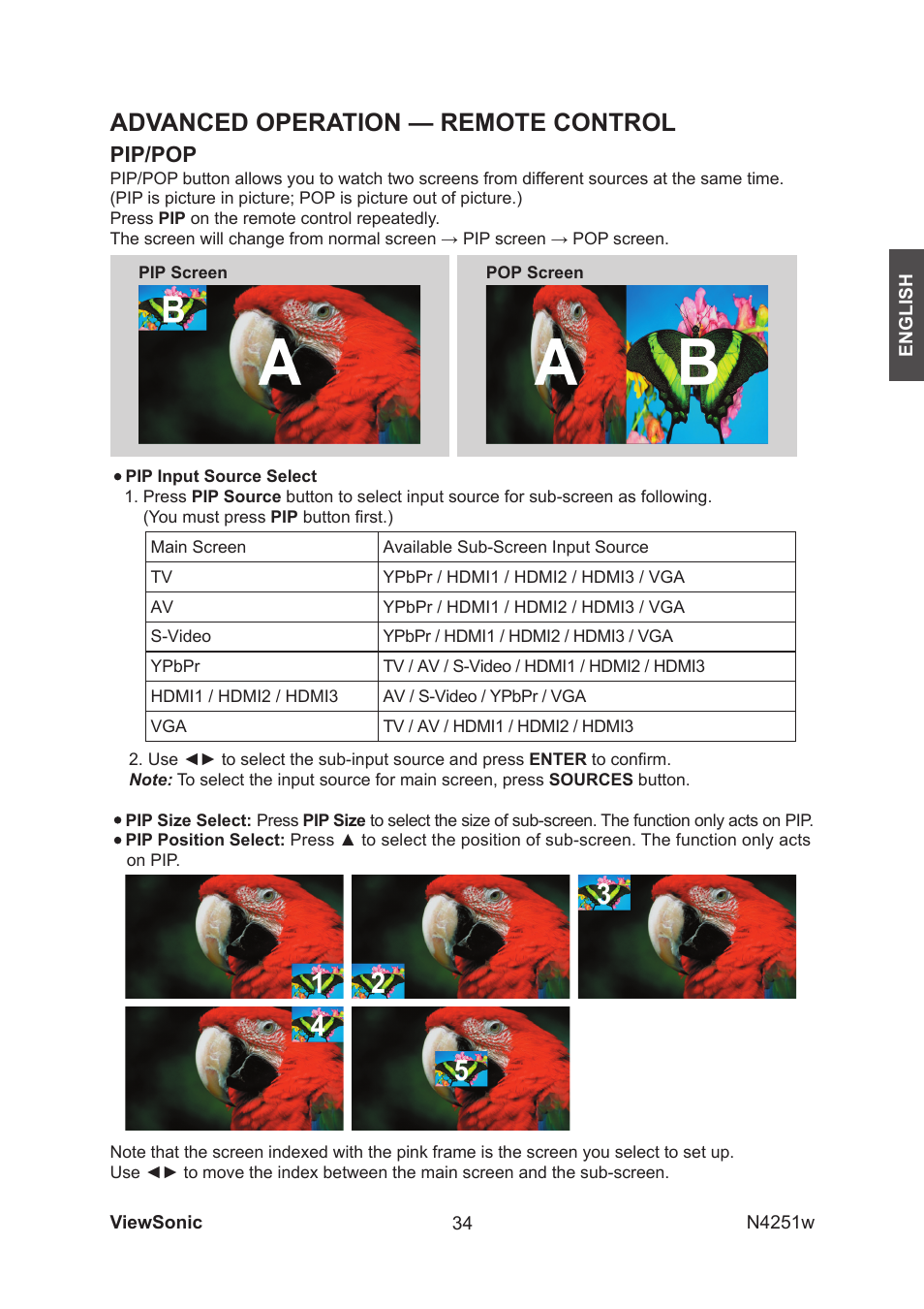 Advanced operation — remote control, Pip/pop | VIEWSONIC VS11502-1M User Manual | Page 36 / 41