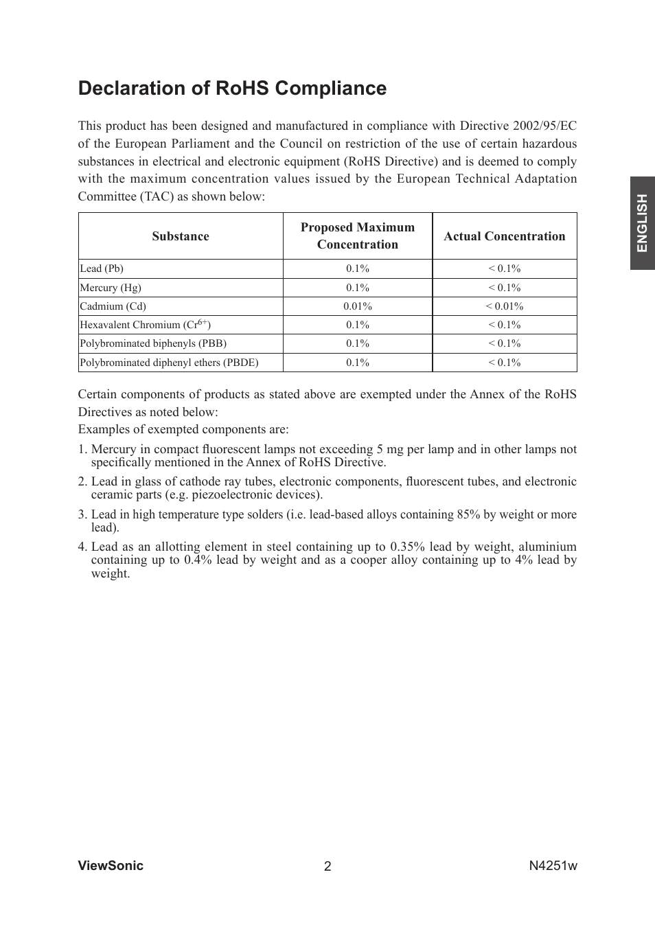 Declaration of rohs compliance | VIEWSONIC VS11502-1M User Manual | Page 4 / 41