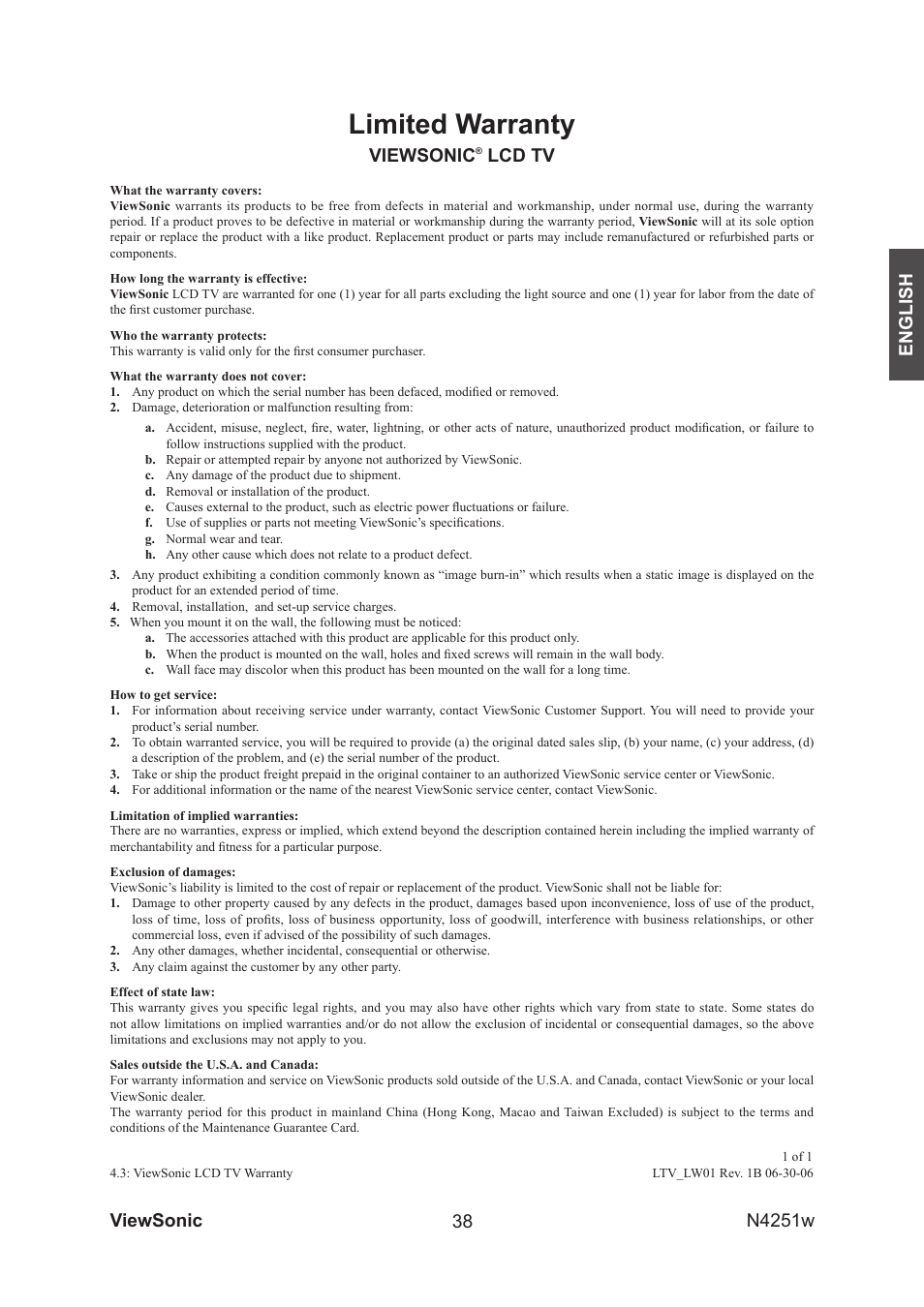 Limited warranty, Viewsonic, Lcd tv | VIEWSONIC VS11502-1M User Manual | Page 40 / 41
