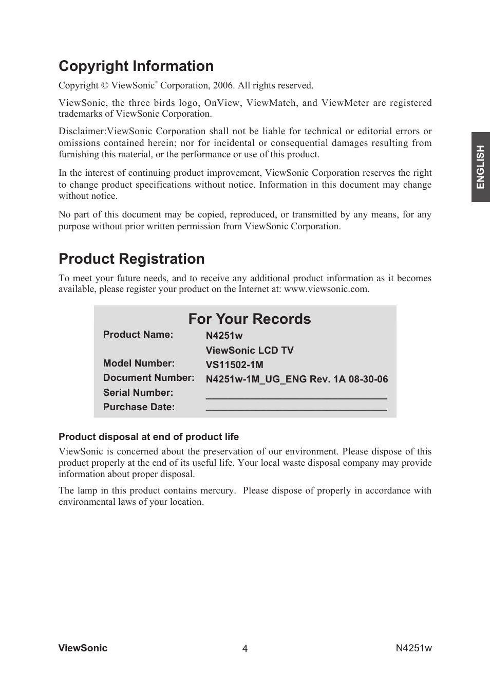 Copyright information, Product registration, For your records | VIEWSONIC VS11502-1M User Manual | Page 6 / 41