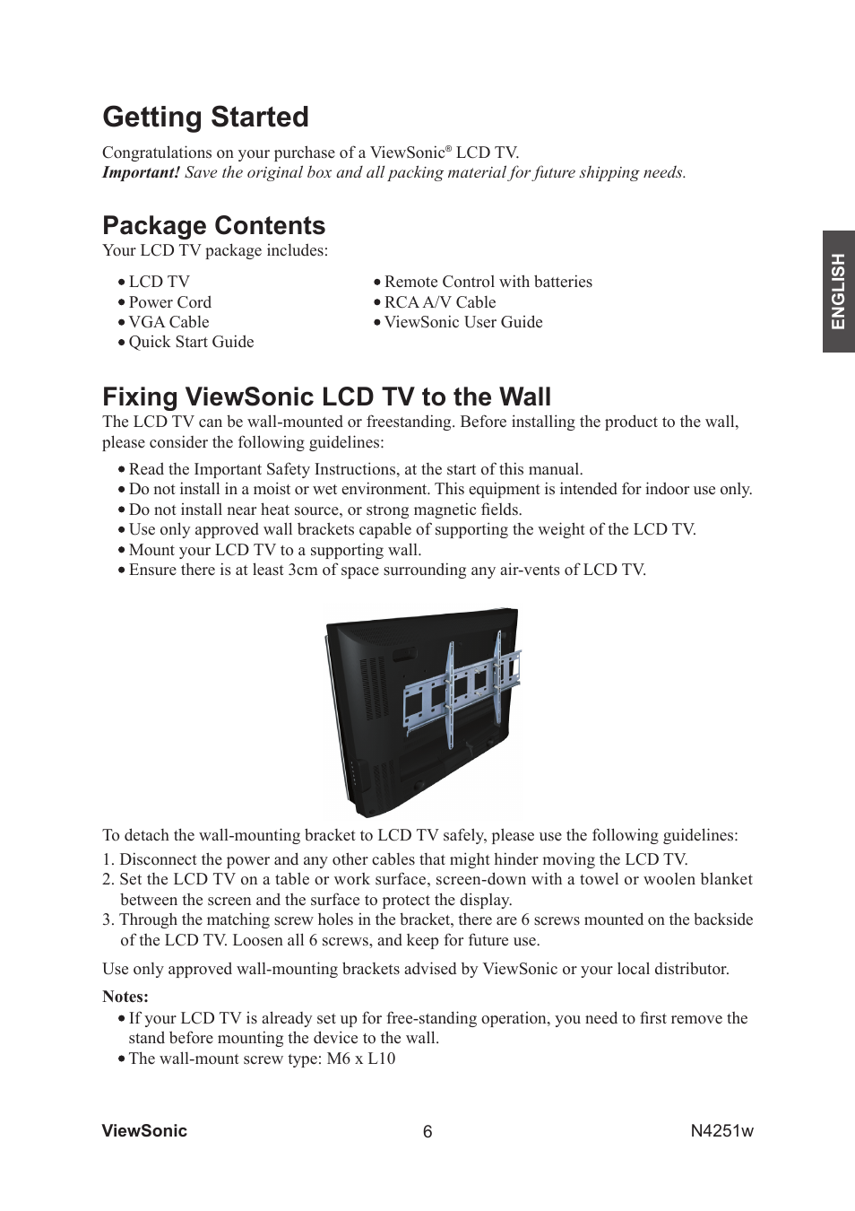 Getting started, Package contents, Fixing viewsonic lcd tv to the wall | VIEWSONIC VS11502-1M User Manual | Page 8 / 41