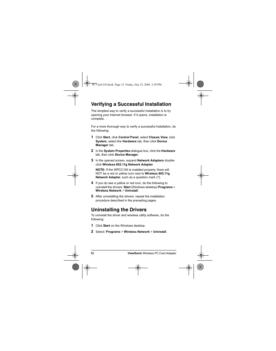 Verifying a successful installation, Uninstalling the drivers | VIEWSONIC WPCC100 User Manual | Page 15 / 30