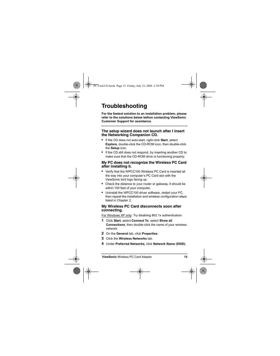 Troubleshooting | VIEWSONIC WPCC100 User Manual | Page 18 / 30