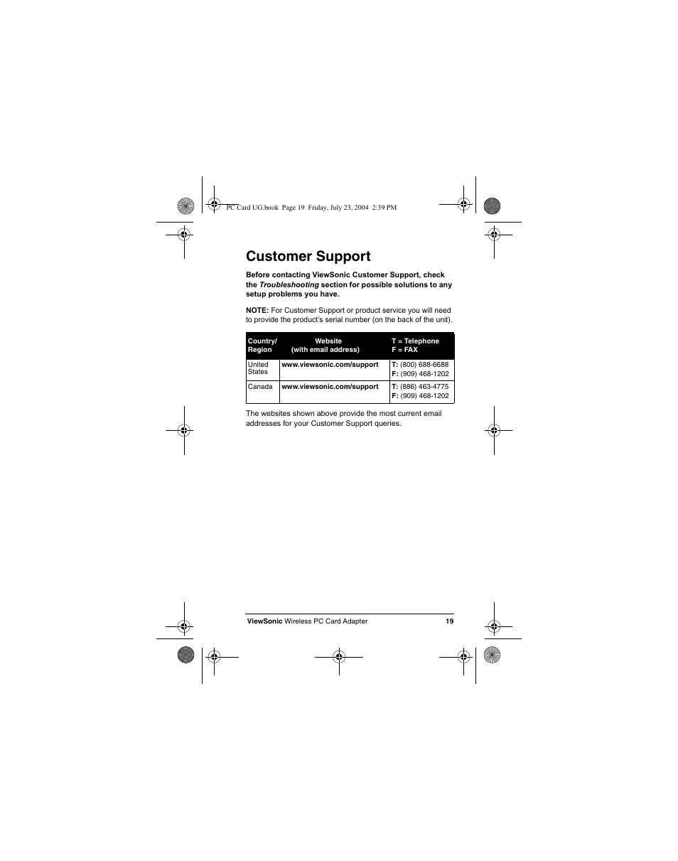 Customer support | VIEWSONIC WPCC100 User Manual | Page 22 / 30