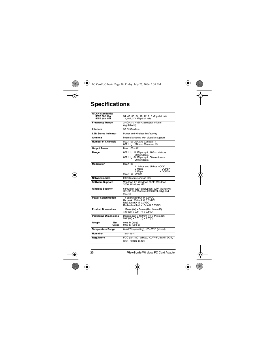 Specifications | VIEWSONIC WPCC100 User Manual | Page 23 / 30