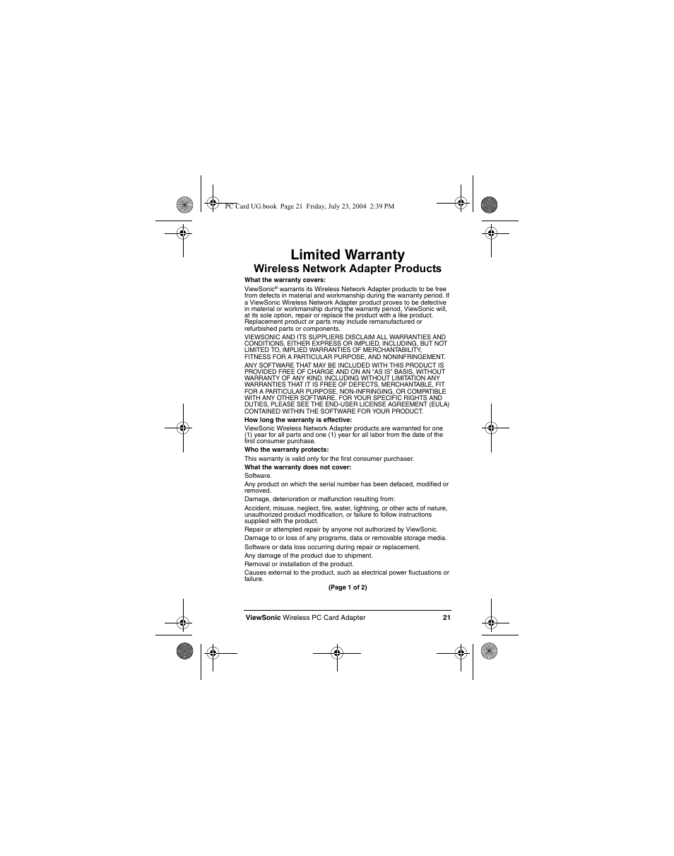 Limited warranty, Wireless network adapter products | VIEWSONIC WPCC100 User Manual | Page 24 / 30