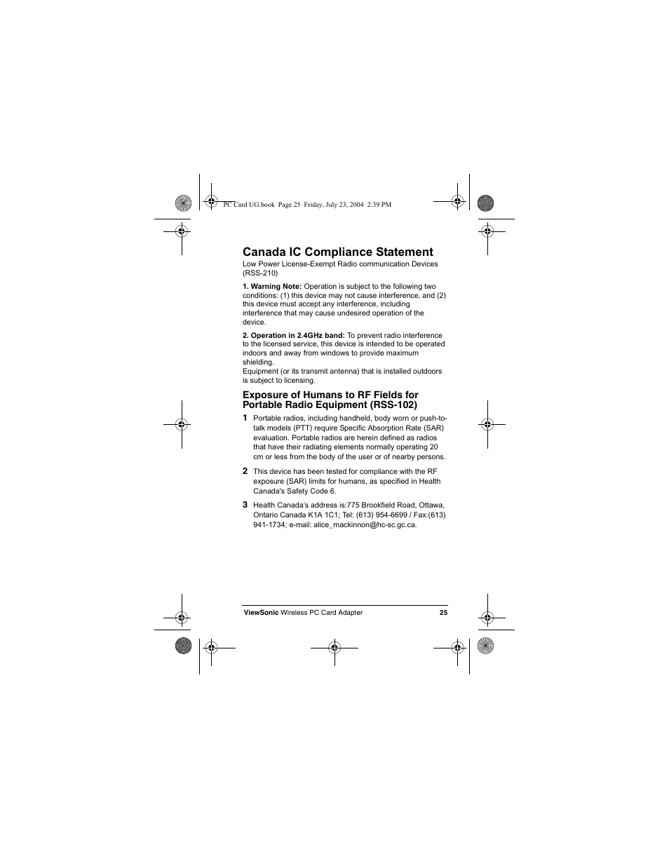 Canada ic compliance statement | VIEWSONIC WPCC100 User Manual | Page 28 / 30