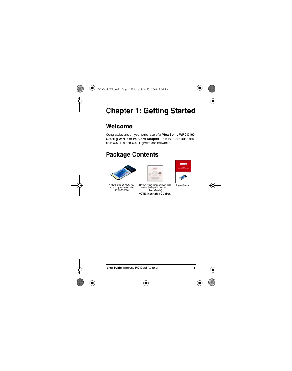 Chapter 1: getting started, Welcome, Package contents | VIEWSONIC WPCC100 User Manual | Page 4 / 30