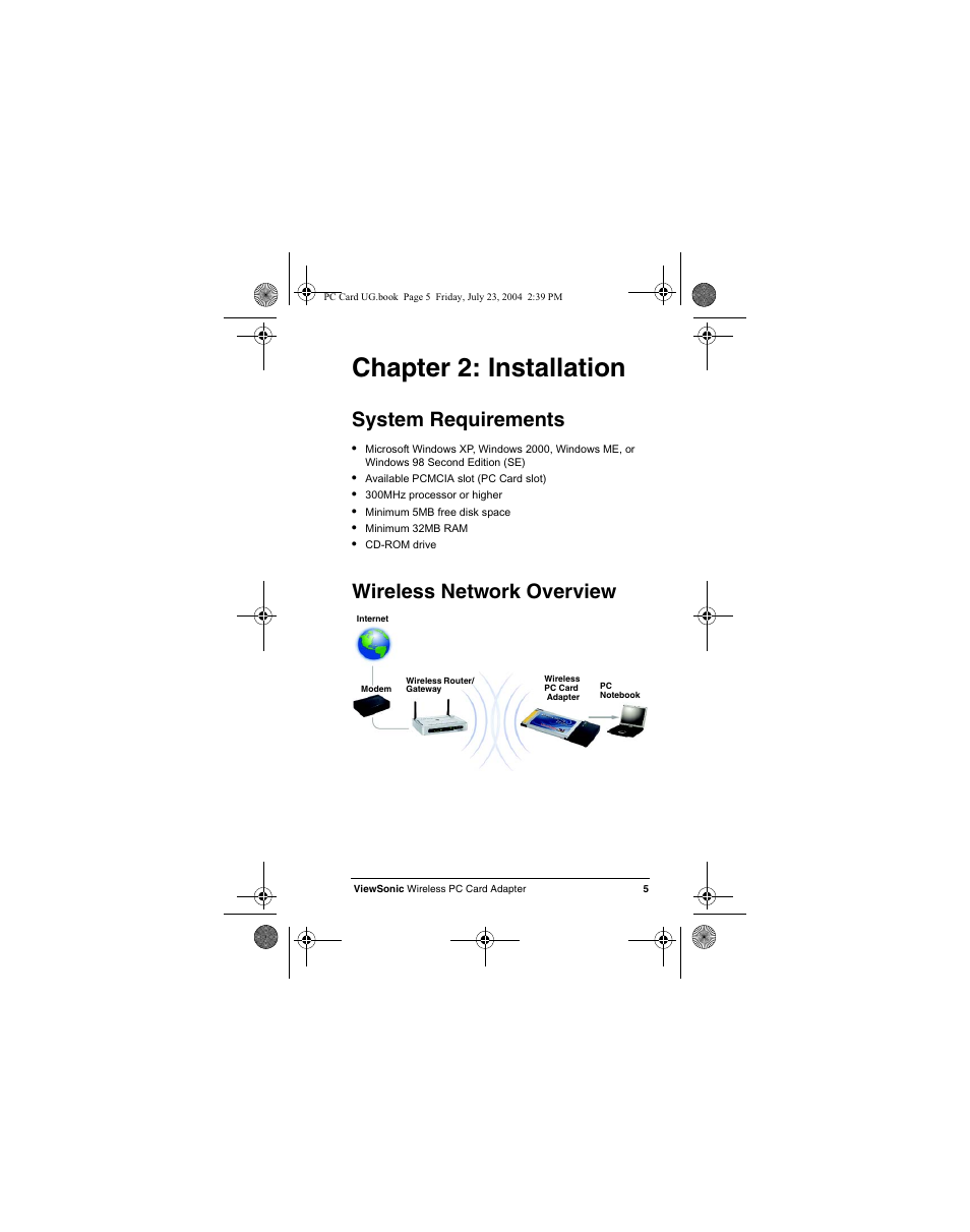 Chapter 2: installation, System requirements, Wireless network overview | VIEWSONIC WPCC100 User Manual | Page 8 / 30