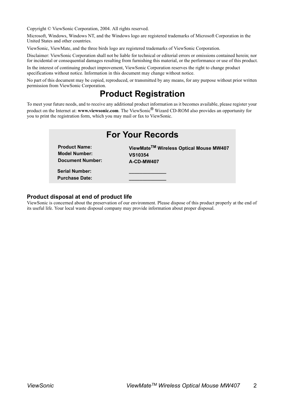 Product registration, For your records | VIEWSONIC MW407 User Manual | Page 3 / 13