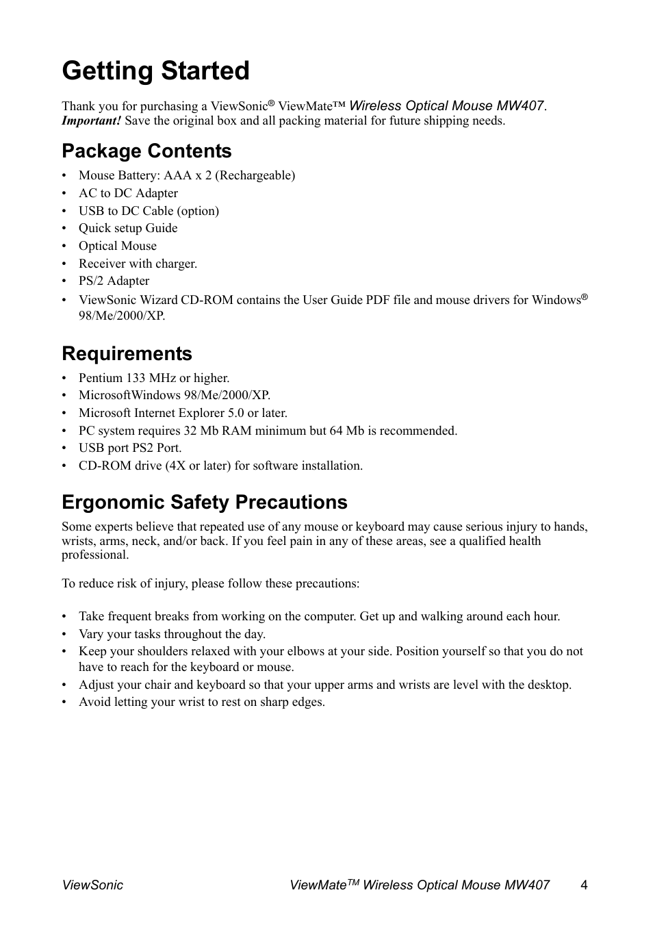Getting started, Package contents, Requirements | Ergonomic safety precautions | VIEWSONIC MW407 User Manual | Page 5 / 13