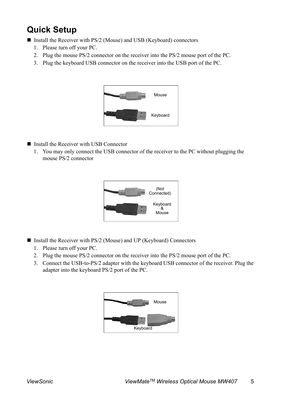 Quick setup, Please turn off your pc, Keyboard | Connected), Mouse | VIEWSONIC MW407 User Manual | Page 6 / 13